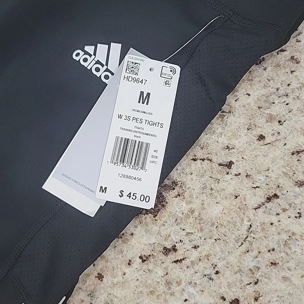 New with Tags Black 3 Stripe Addias High Rise 7/8 Leggings - Picture 2 of 4